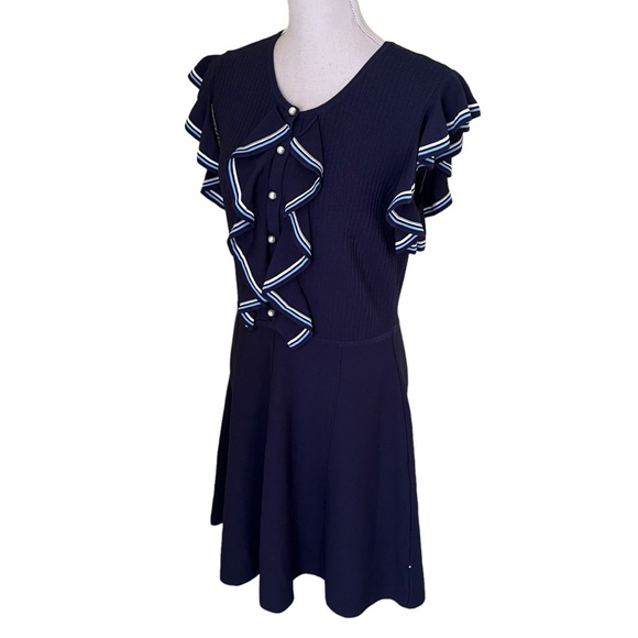 Lela Rose Pearl Navy Blue Ruffle Front Pearl Button Knit Dress L - Picture 8 of 16